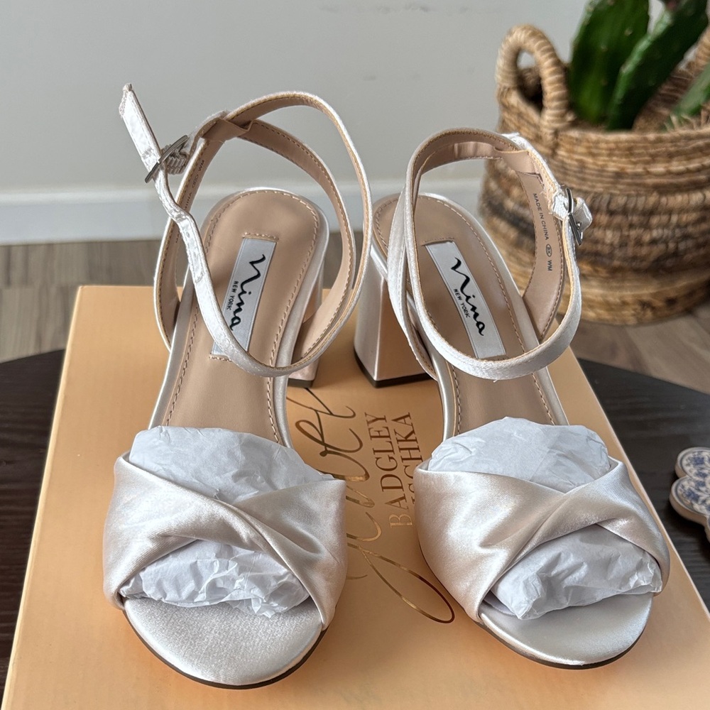 Nina Women's Satin Block Heels - Light Cream